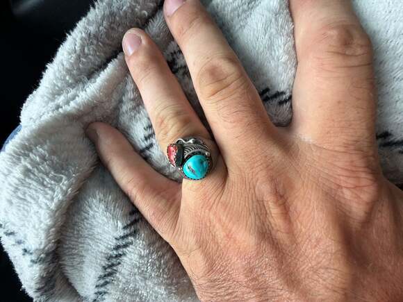 Handmade Jewelry - Vintage Native American Navajo Sterling Silver Turquoise and Coral Leaf Design R